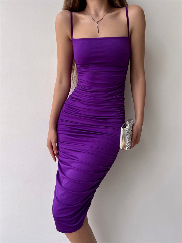 Streç İnce Askı Drapeli Taniya Kadın Mor Kalem Elbise 22Y000230