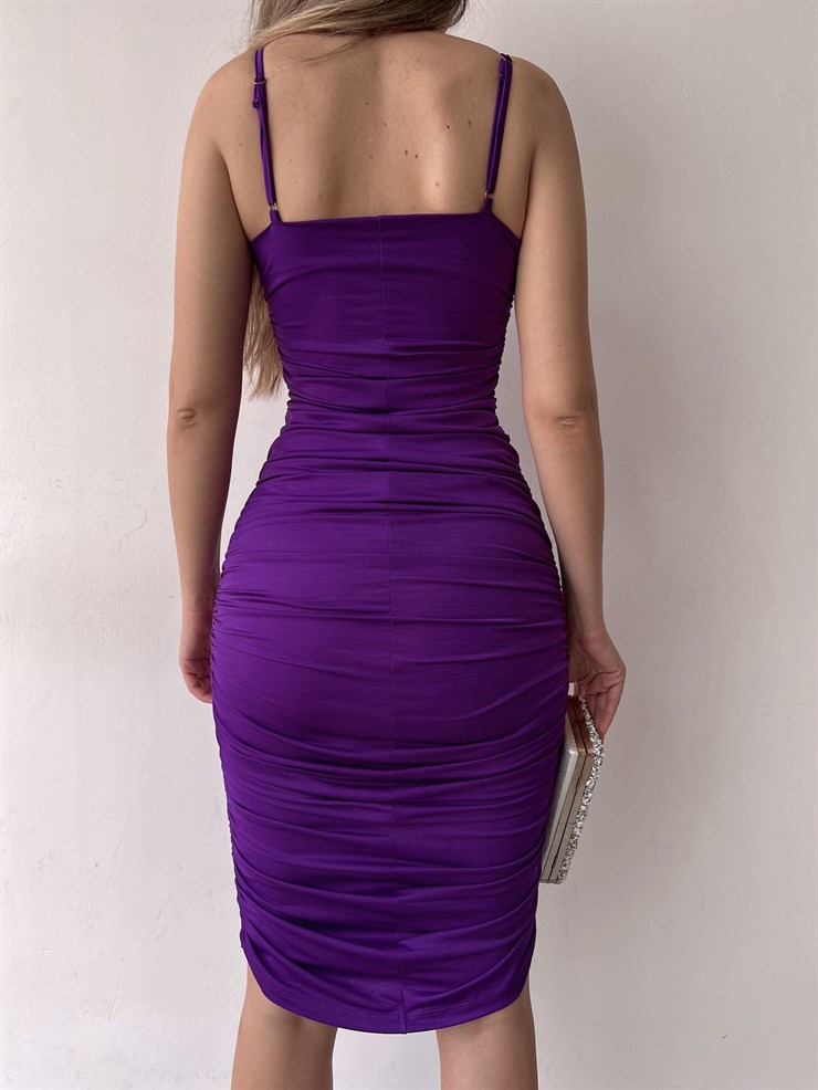 Streç İnce Askı Drapeli Taniya Kadın Mor Kalem Elbise 22Y000230