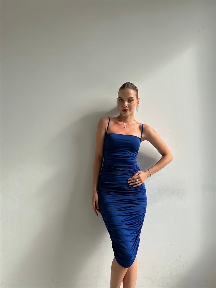 Streç İnce Askı Drapeli Taniya Kadın Saks Kalem Elbise 22Y000230