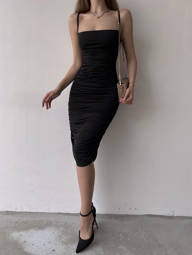 Streç İnce Askı Drapeli Taniya Kadın Siyah Kalem Elbise 22Y000230