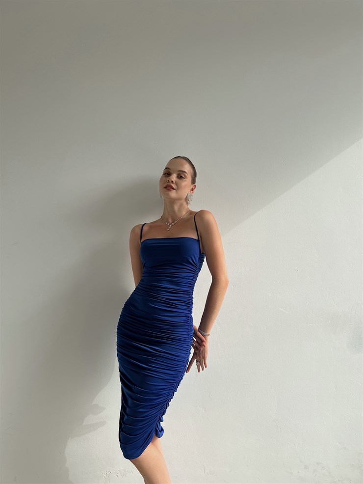 Streç İnce Askı Drapeli Taniya Kadın Saks Kalem Elbise 22Y000230