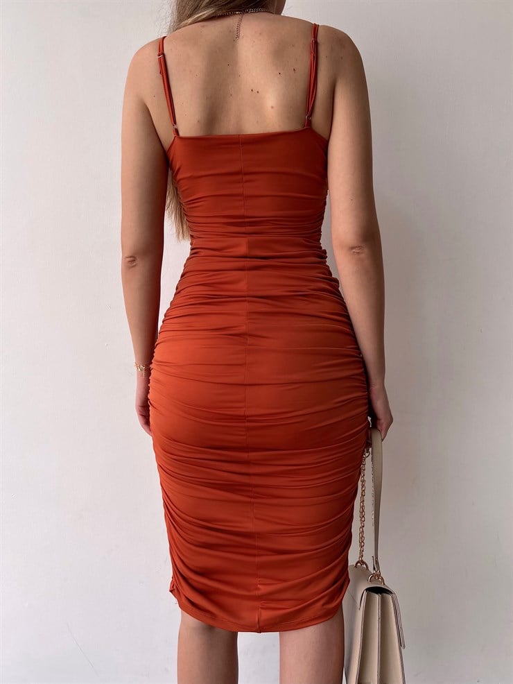 Streç İnce Askı Drapeli Taniya Kadın Tarçın Kalem Elbise 22Y000230