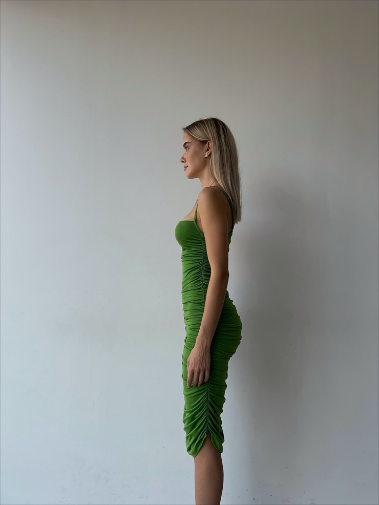 Streç İnce Askı Drapeli Taniya Kadın Yeşil Kalem Elbise 22Y000230