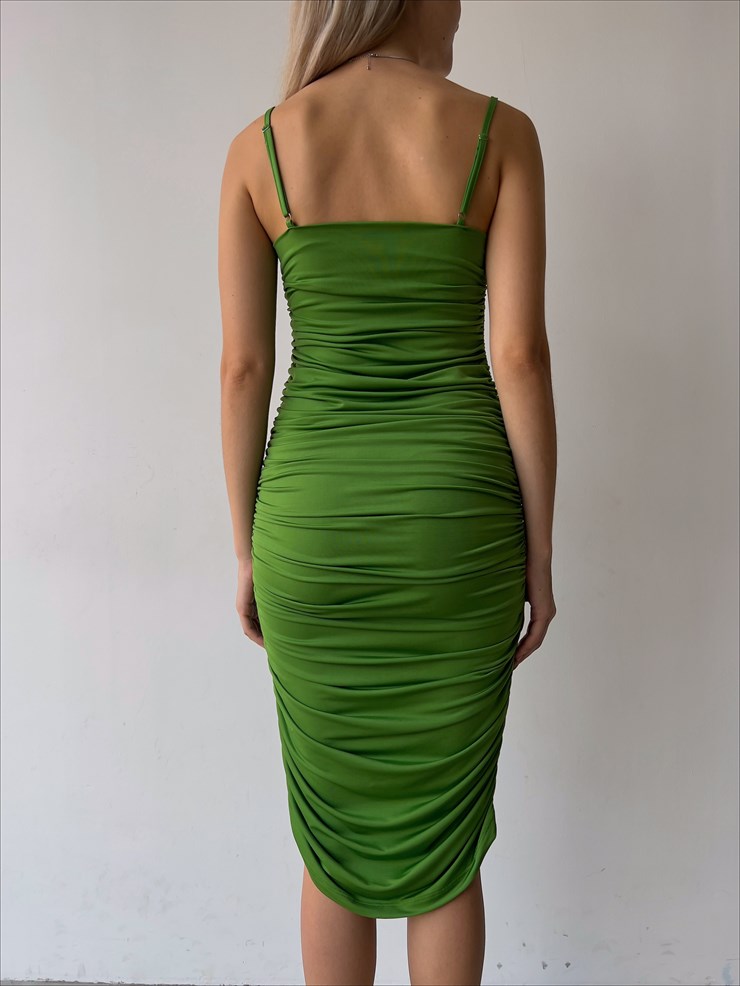 Streç İnce Askı Drapeli Taniya Kadın Yeşil Kalem Elbise 22Y000230