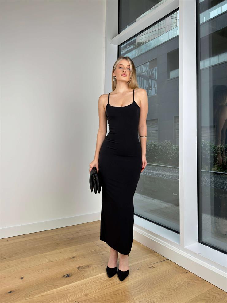 İnce Ayarlanabilir Askılı Streç Subah Kadın Siyah Elbise 24Y149