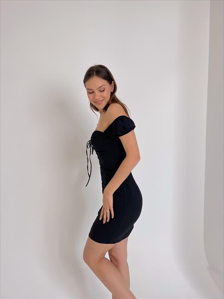 Önü Bağcık Detaylı Kol Kısmı Lastikli Summer Kadın Siyah Mini Elbise 23Y000031