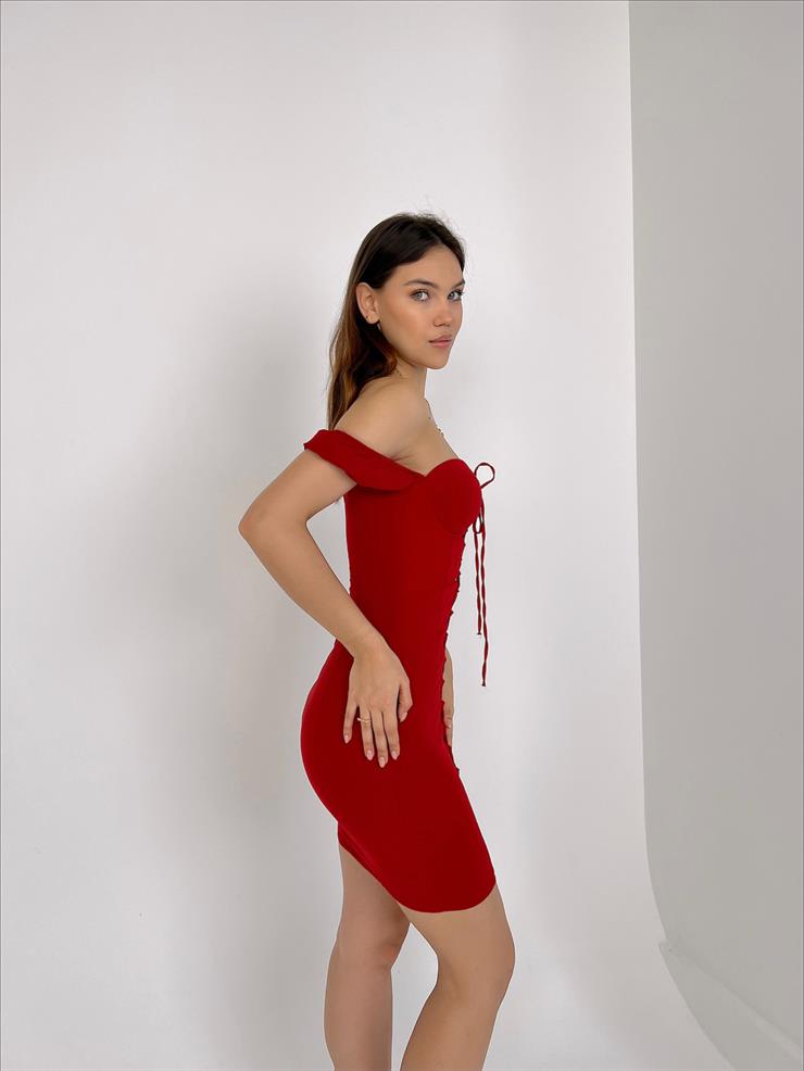 Önü Bağcık Detaylı Kol Kısmı Lastikli Summer Kadın Kırmızı Mini Elbise 23Y000031