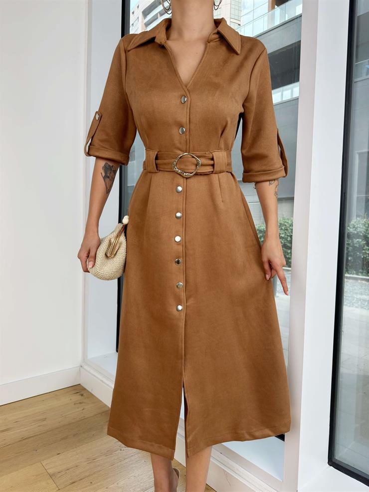 Düğme Kapamalı Beli Kemerli Sunhi Taba Kadın Süet Elbise 25K089