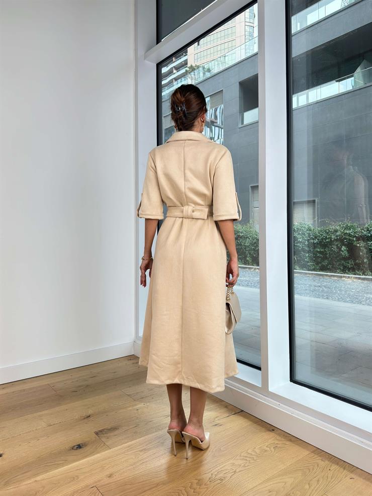 Düğme Kapamalı Beli Kemerli Sunhi Bej Kadın Süet Elbise 25K089