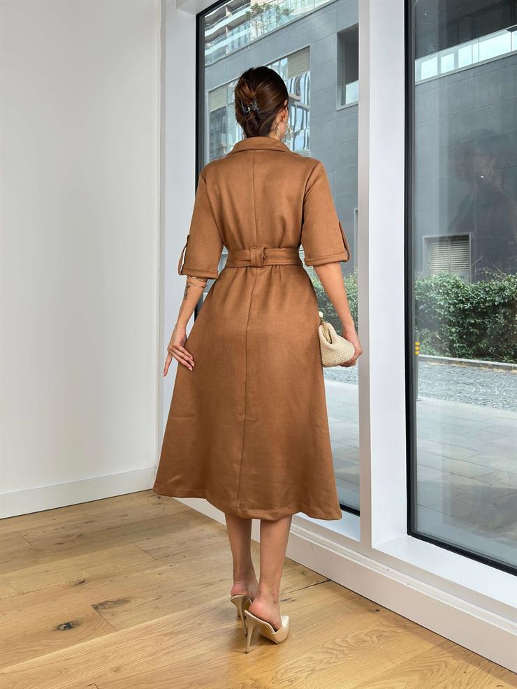 Düğme Kapamalı Beli Kemerli Sunhi Taba Kadın Süet Elbise 25K089