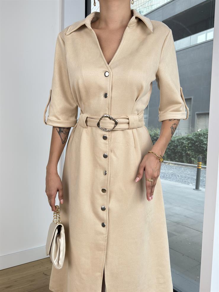 Düğme Kapamalı Beli Kemerli Sunhi Bej Kadın Süet Elbise 25K089