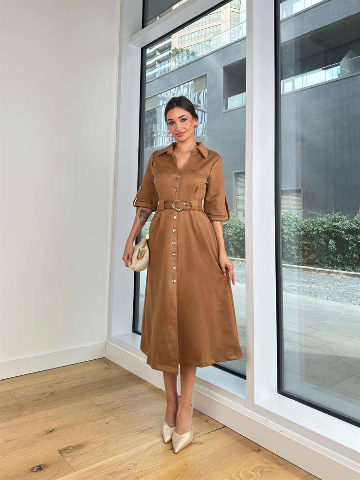 Düğme Kapamalı Beli Kemerli Sunhi Taba Kadın Süet Elbise 25K089
