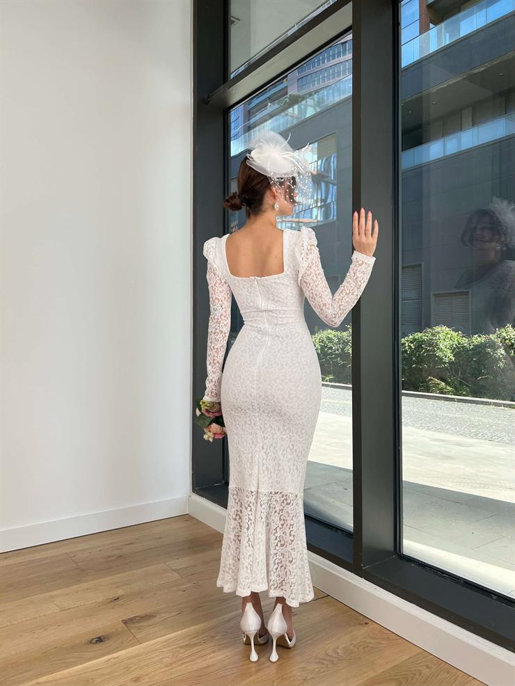 Önü Drape Detaylı Dantel Sunil Kadın Ekru Elbise 24Y061