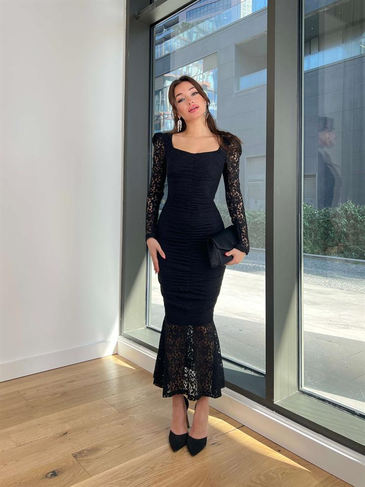 Önü Drape Detaylı Dantel Sunil Kadın Siyah Elbise 24Y061