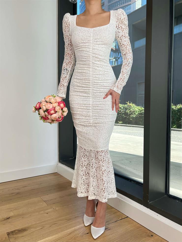 Önü Drape Detaylı Dantel Sunil Kadın Ekru Elbise 24Y061