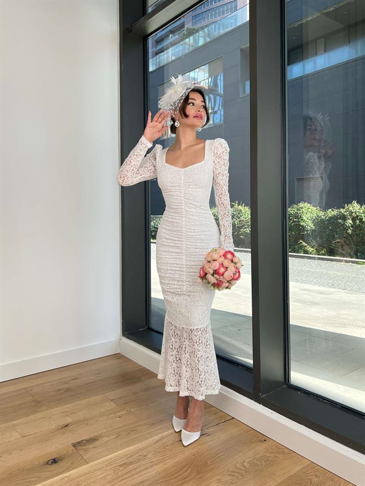 Önü Drape Detaylı Dantel Sunil Kadın Ekru Elbise 24Y061