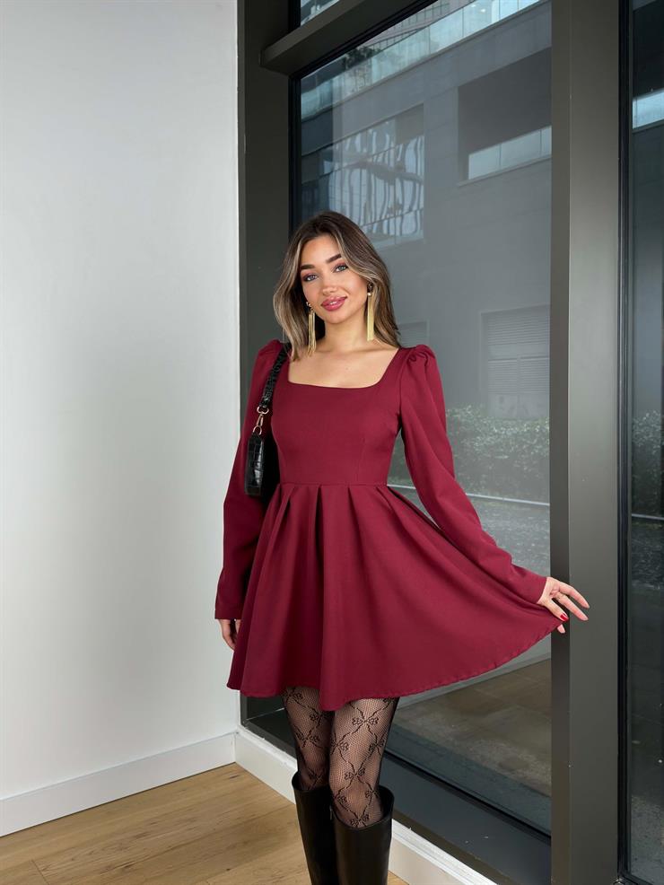 Kare Yaka Uzun Kol Eteği Pileli Suraya Bordo Kadın Mini Elbise 25K469