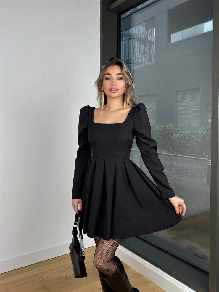 Kare Yaka Uzun Kol Eteği Pileli Suraya Siyah Kadın Mini Elbise 25K469