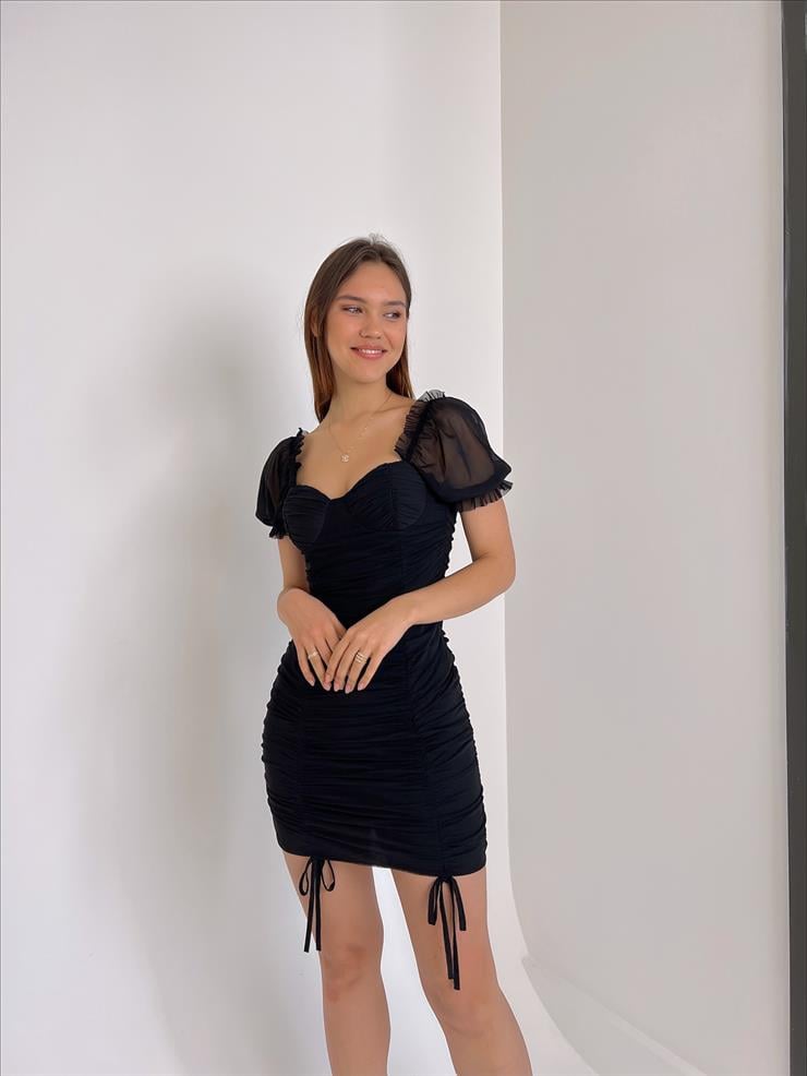 Drape Detaylı Omzu Lastikli Sydnie Kadın Siyah Tül Mini Elbise 23Y000030