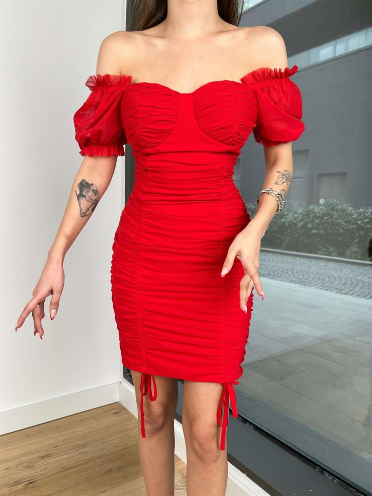 Drape Detaylı Omzu Lastikli Sydnie Kadın Kırmızı Tül Mini Elbise 23Y000030