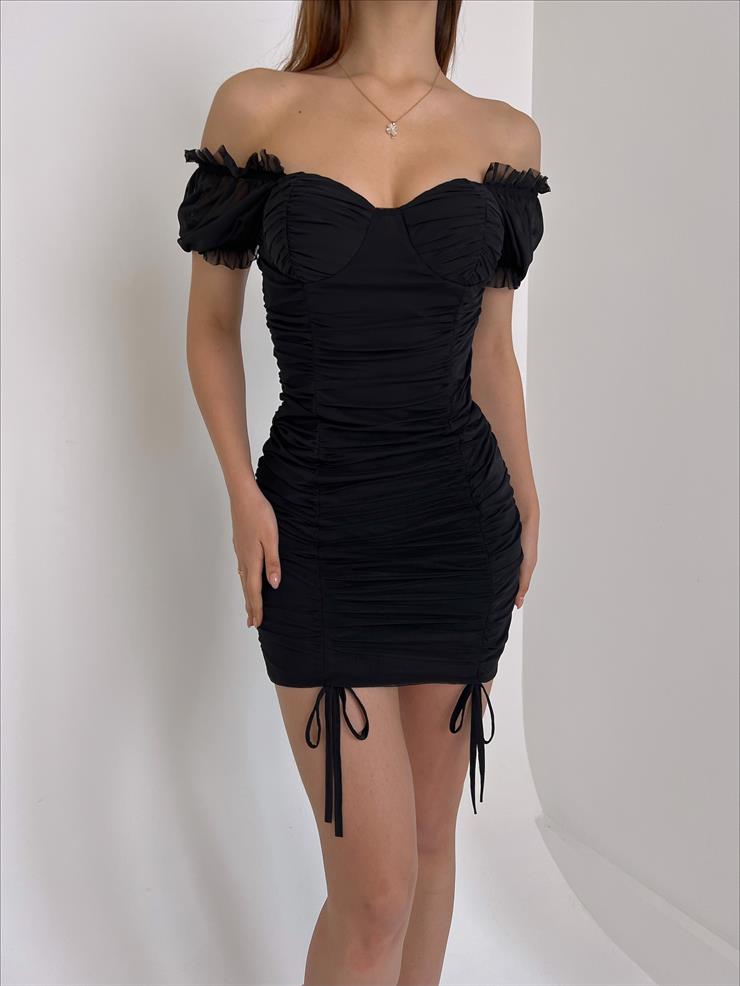 Drape Detaylı Omzu Lastikli Sydnie Kadın Siyah Tül Mini Elbise 23Y000030