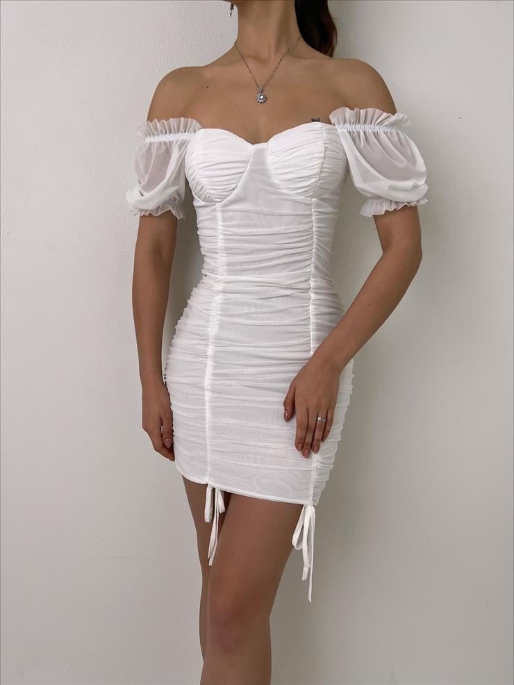 Drape Detaylı Omzu Lastikli Sydnie Kadın Beyaz Tül Mini Elbise 23Y000030