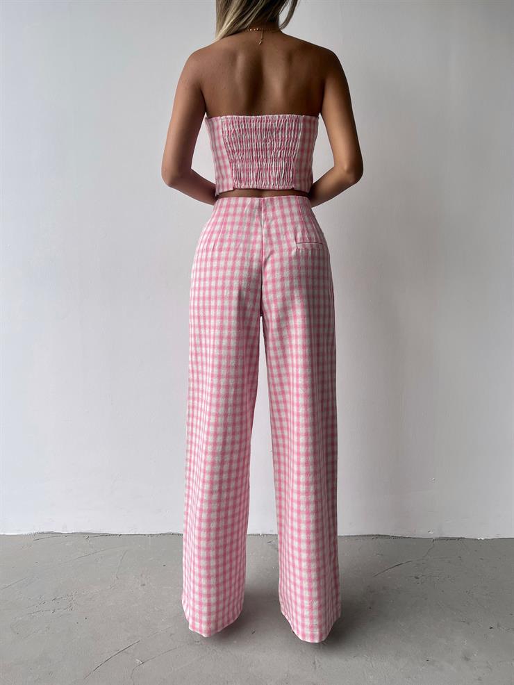 Straplez Crop Yüksek Bel Pensli Palazzo Pantolon Tacıtus Kadın Pembe Kareli Takım 23Y000338