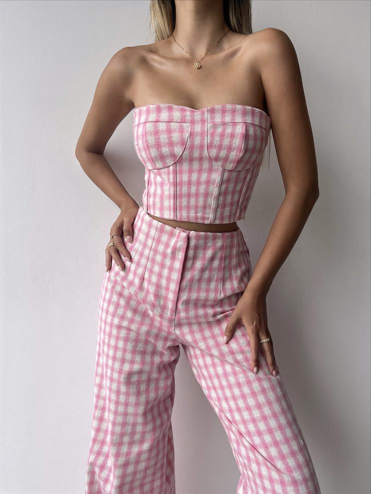 Straplez Crop Yüksek Bel Pensli Palazzo Pantolon Tacıtus Kadın Pembe Kareli Takım 23Y000338