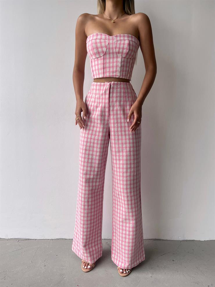Straplez Crop Yüksek Bel Pensli Palazzo Pantolon Tacıtus Kadın Pembe Kareli Takım 23Y000338