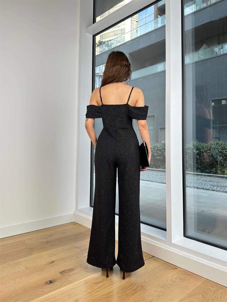 Askılı Düşük Omuz Bol Paça Simli Taheri Kadın Siyah Tulum 24Y229