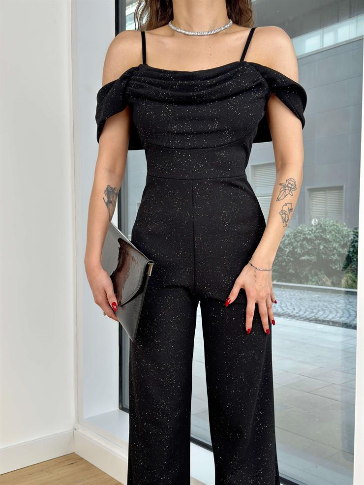 Askılı Düşük Omuz Bol Paça Simli Taheri Kadın Siyah Tulum 24Y229