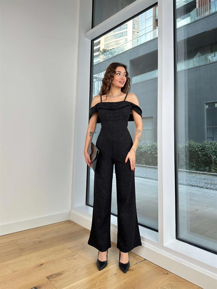 Askılı Düşük Omuz Bol Paça Simli Taheri Kadın Siyah Tulum 24Y229