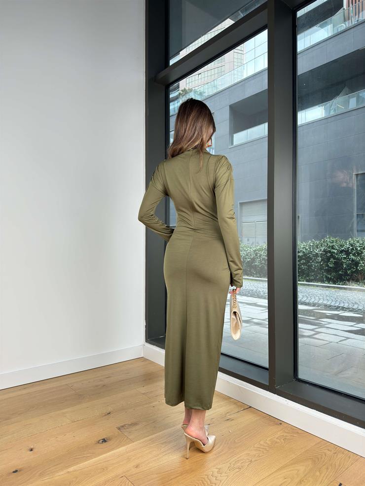 Balıkçı Yaka Uzun Kol Aksesuarlı Taisa Haki Kadın Yırtmaçlı Elbise 25K502