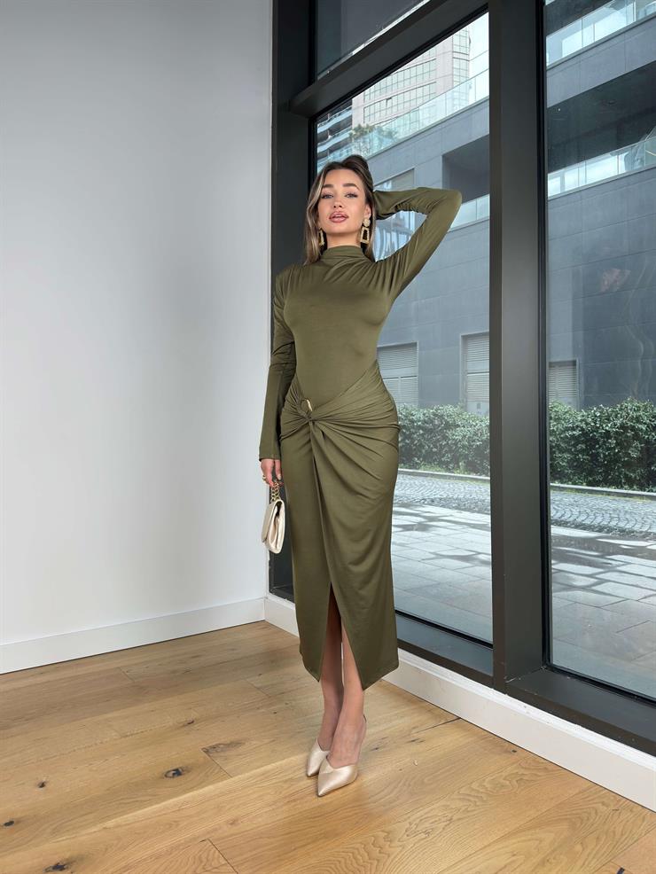 Balıkçı Yaka Uzun Kol Aksesuarlı Taisa Haki Kadın Yırtmaçlı Elbise 25K502