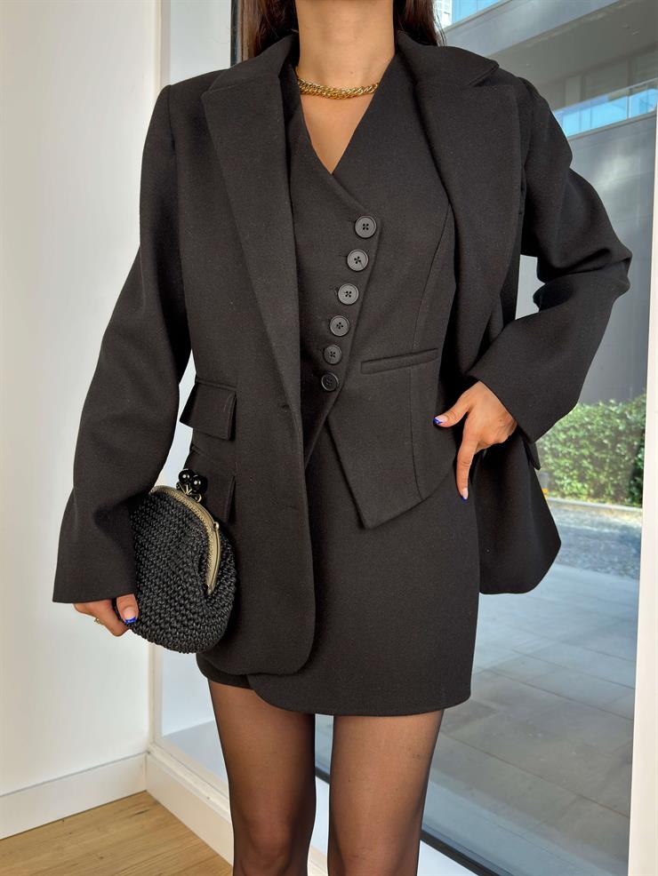 Önü Düğme Kapamalı Tajda Siyah Kadın Yelek 25K171