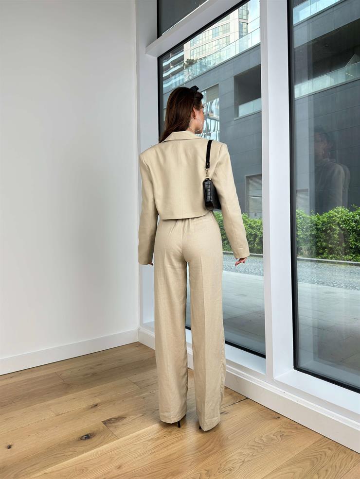 Kapamasız Crop Ceket Yüksek Bel Pens Detaylı Palazzo Pantolon Kadın Taş İkili Takım 24Y436