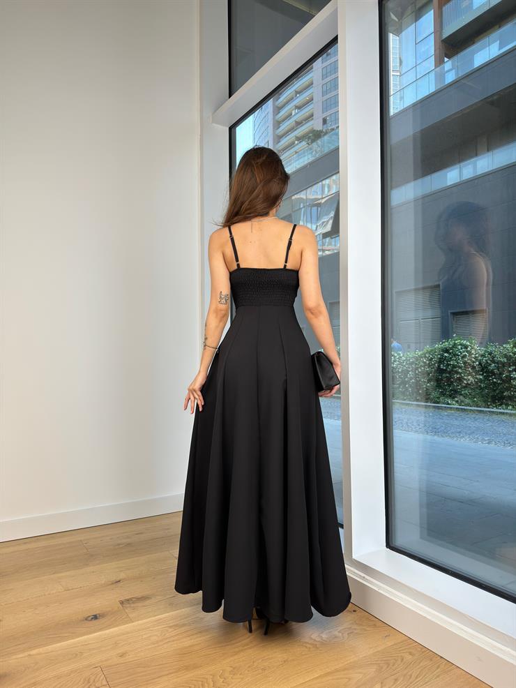 Ayarlanabilir Askılı Arkası Gipeli Talar Kadın Siyah Uzun Elbise 24Y640