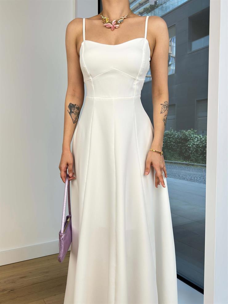 Ayarlanabilir Askılı Arkası Gipeli Talar Kadın Beyaz Uzun Elbise 24Y640
