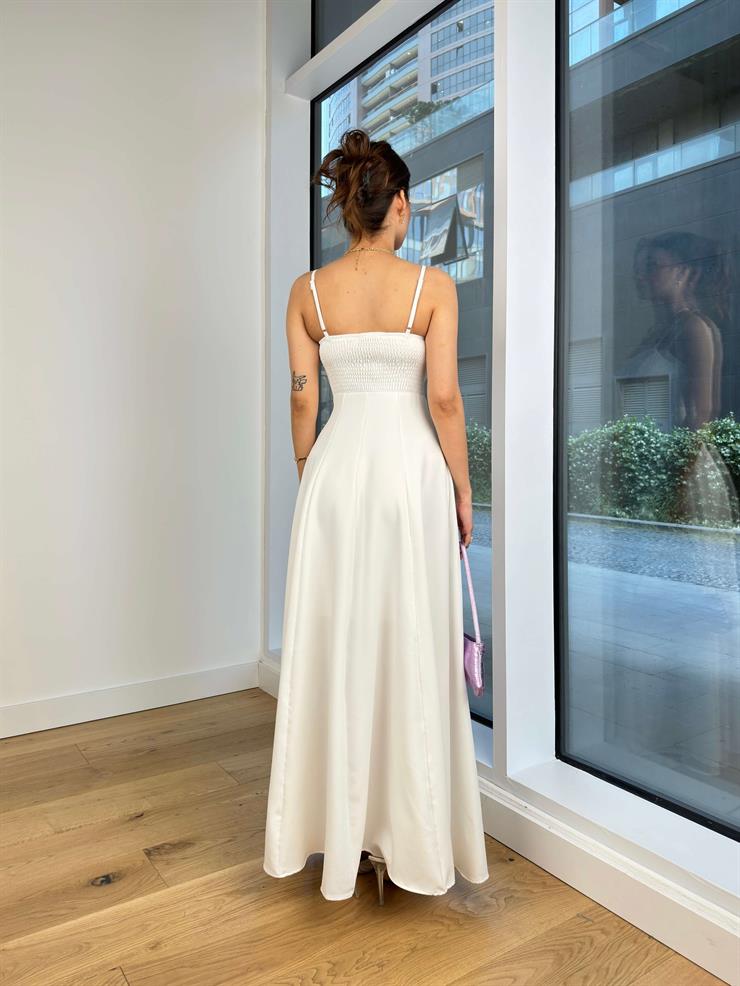 Ayarlanabilir Askılı Arkası Gipeli Talar Kadın Beyaz Uzun Elbise 24Y640