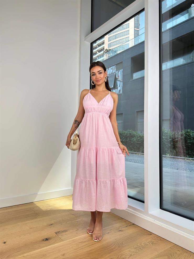 V Yaka Askılı Sırt Kısmı Dekolteli Talia Kadın Pembe Elbise 24Y758