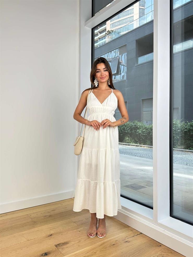 V Yaka Askılı Sırt Kısmı Dekolteli Talia Kadın Ekru Elbise 24Y758