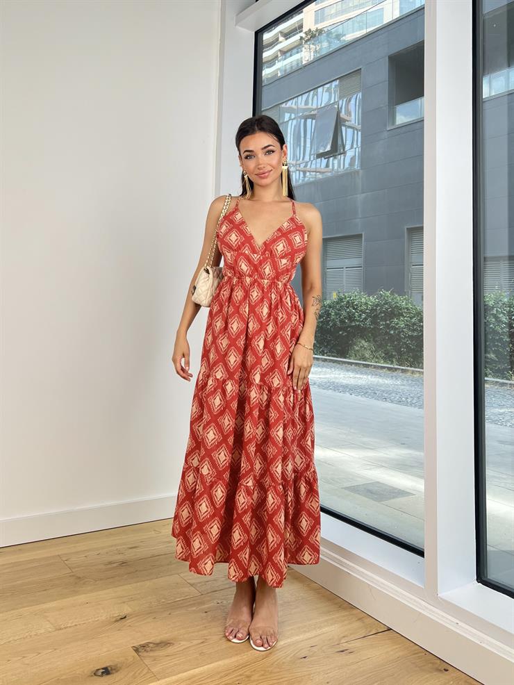 V Yaka Askılı Sırt Kısmı Dekolteli Talia Kadın Renkli Elbise 24Y758