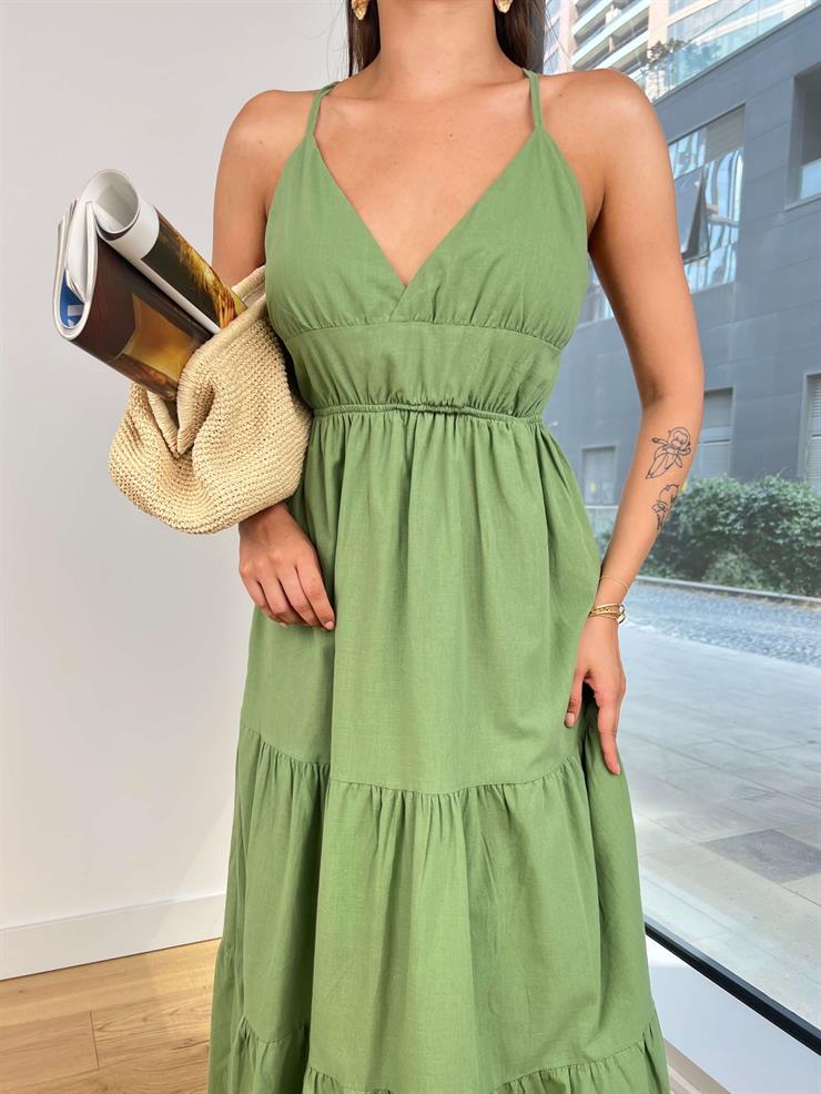 V Yaka Askılı Sırt Kısmı Dekolteli Talia Kadın Haki Elbise 24Y758