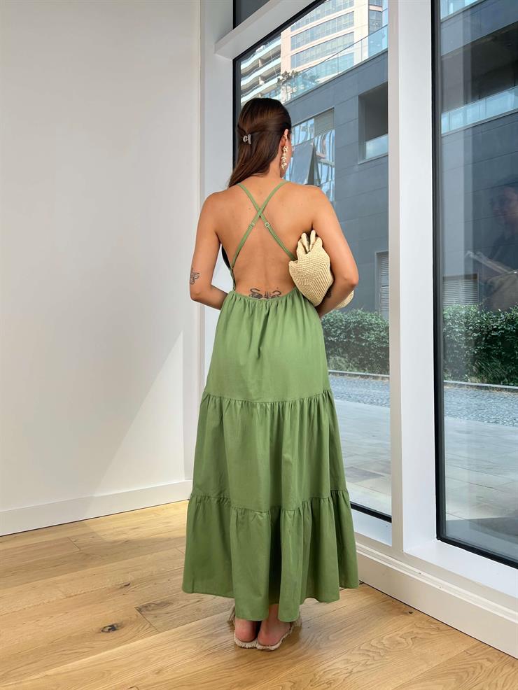 V Yaka Askılı Sırt Kısmı Dekolteli Talia Kadın Haki Elbise 24Y758