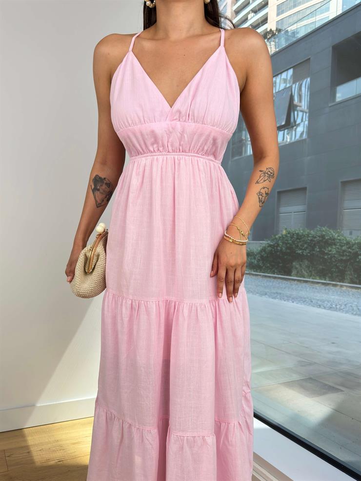 V Yaka Askılı Sırt Kısmı Dekolteli Talia Kadın Pembe Elbise 24Y758