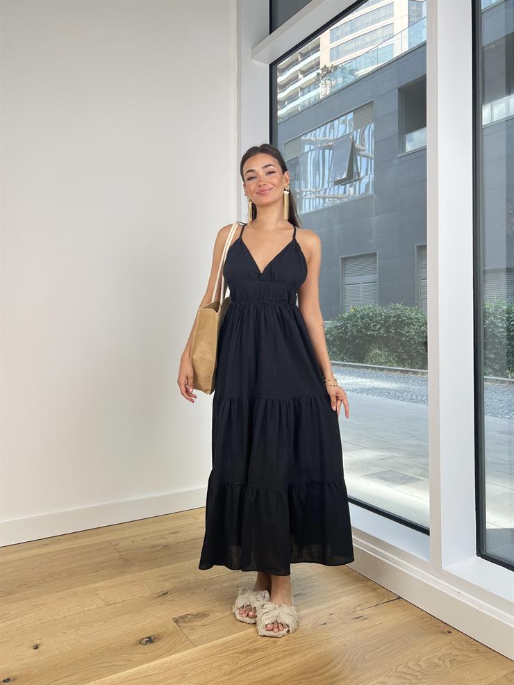 V Yaka Askılı Sırt Kısmı Dekolteli Talia Kadın Siyah Elbise 24Y758