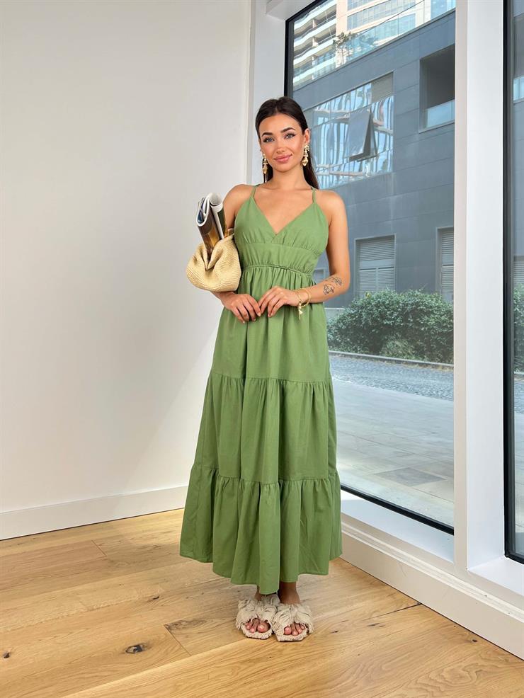 V Yaka Askılı Sırt Kısmı Dekolteli Talia Kadın Haki Elbise 24Y758