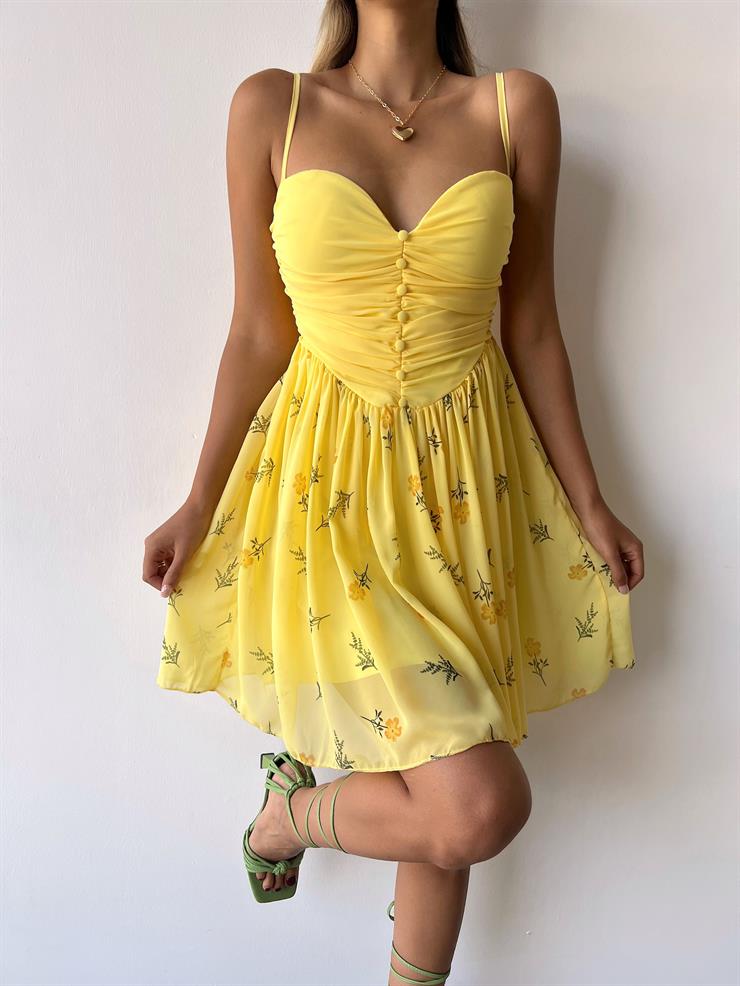 İnce Askılı Önü Büzgülü Düğme Detaylı Talin Kadın Çiçekli Sarı  Mini Elbise 23Y000343