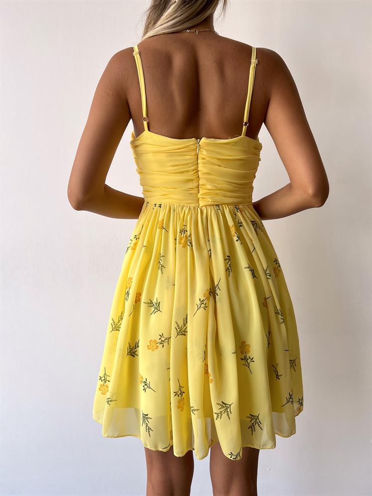 İnce Askılı Önü Büzgülü Düğme Detaylı Talin Kadın Çiçekli Sarı  Mini Elbise 23Y000343