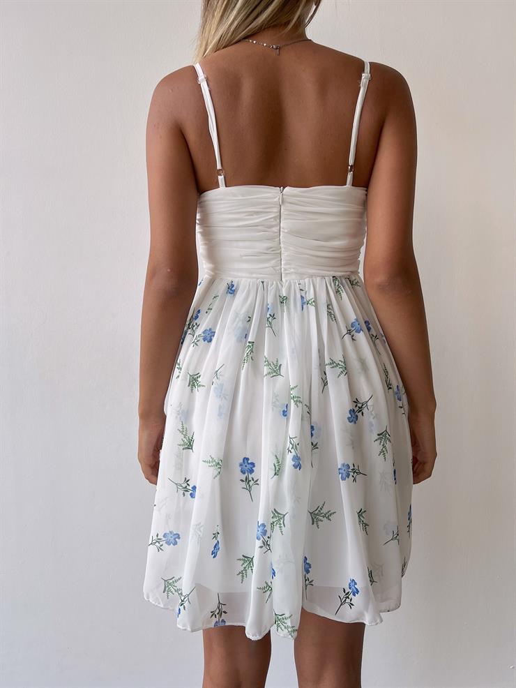 İnce Askılı Önü Büzgülü Düğme Detaylı Talin Kadın Çiçekli Beyaz Mini Elbise 23Y000343